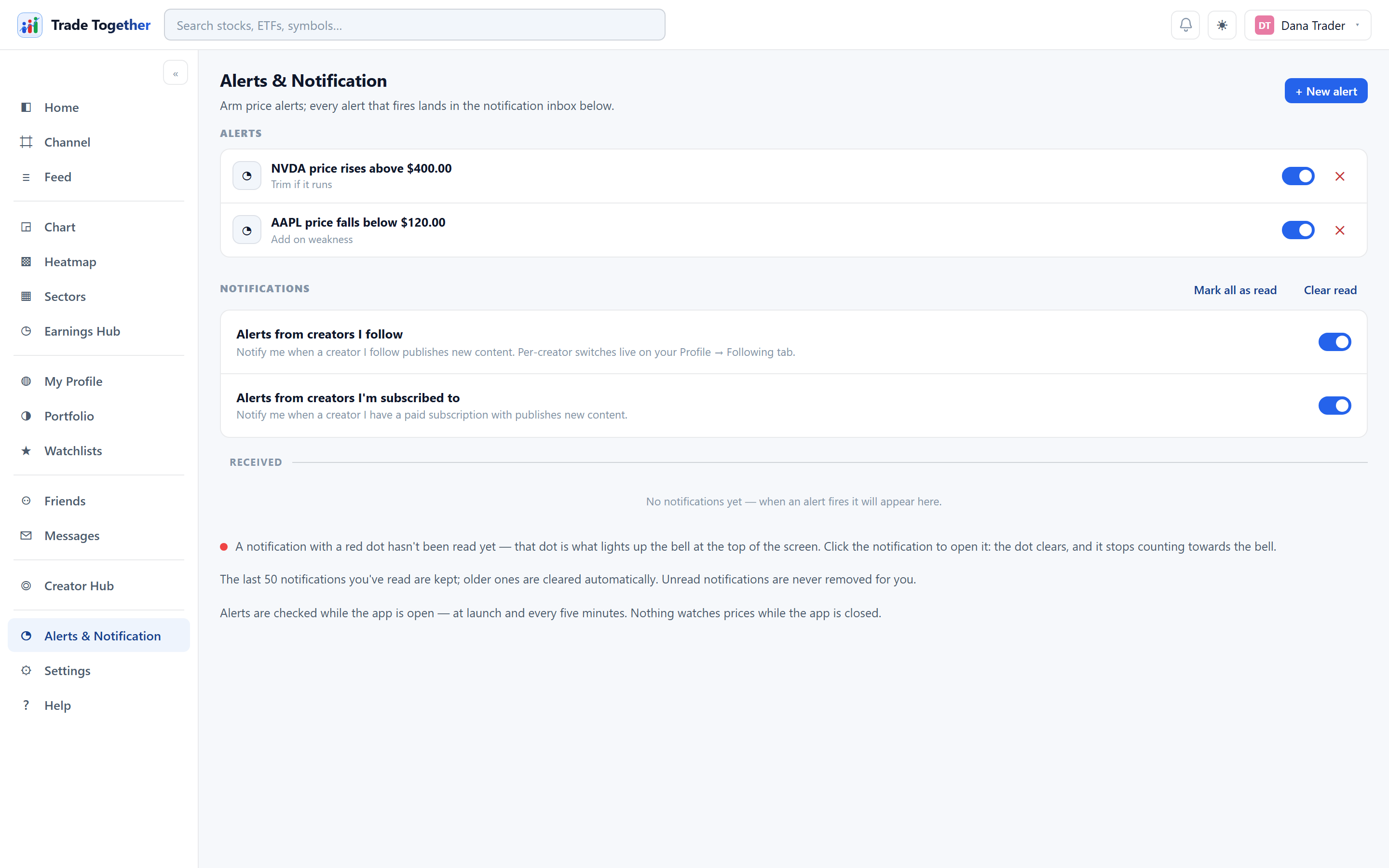 The Alerts and Notification page: armed price-alert rules with on/off switches at the top, the creator-alert switches below, then the notification inbox.