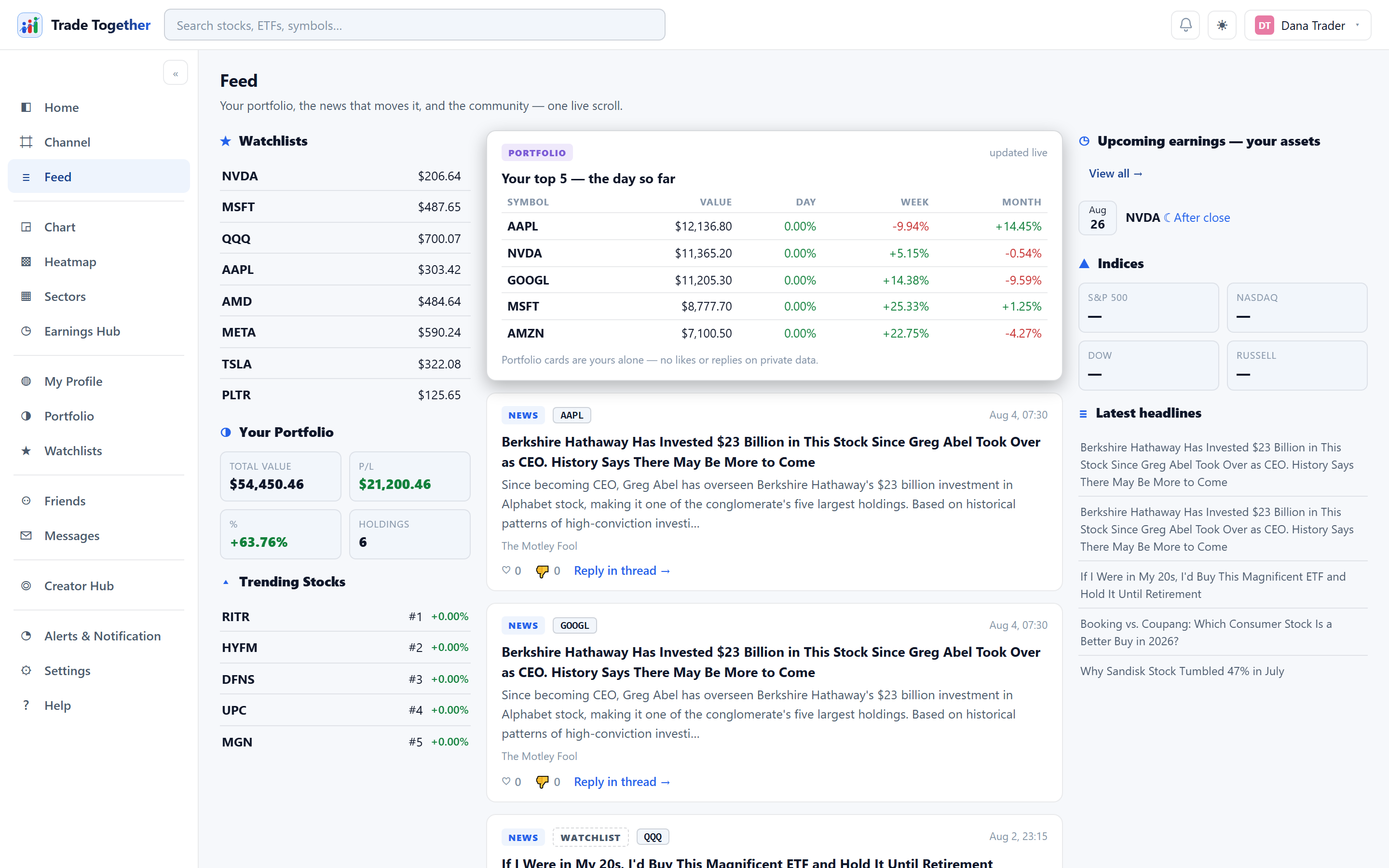 The Feed: a pinned portfolio card above a stream of labelled news and community cards, with watchlist and earnings rails either side.