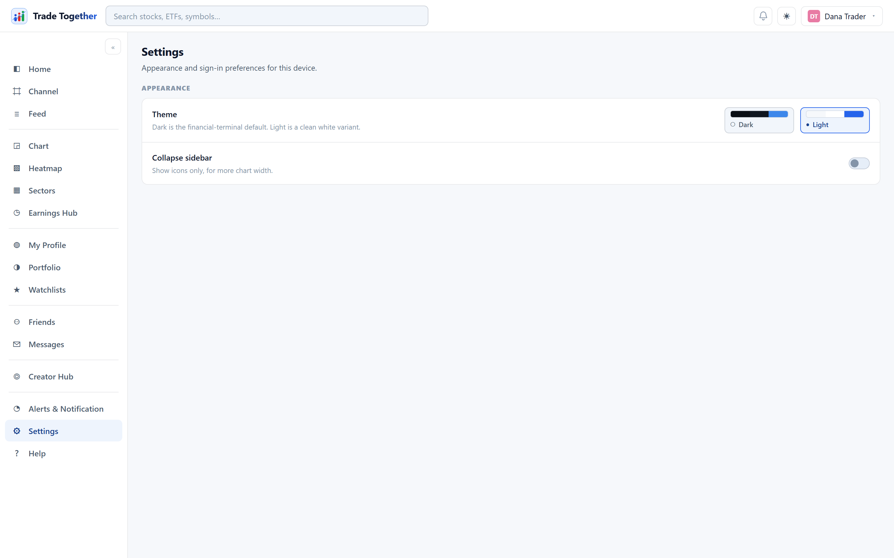 The Settings page: an Appearance group with a dark and light theme picker and a collapse-sidebar switch.